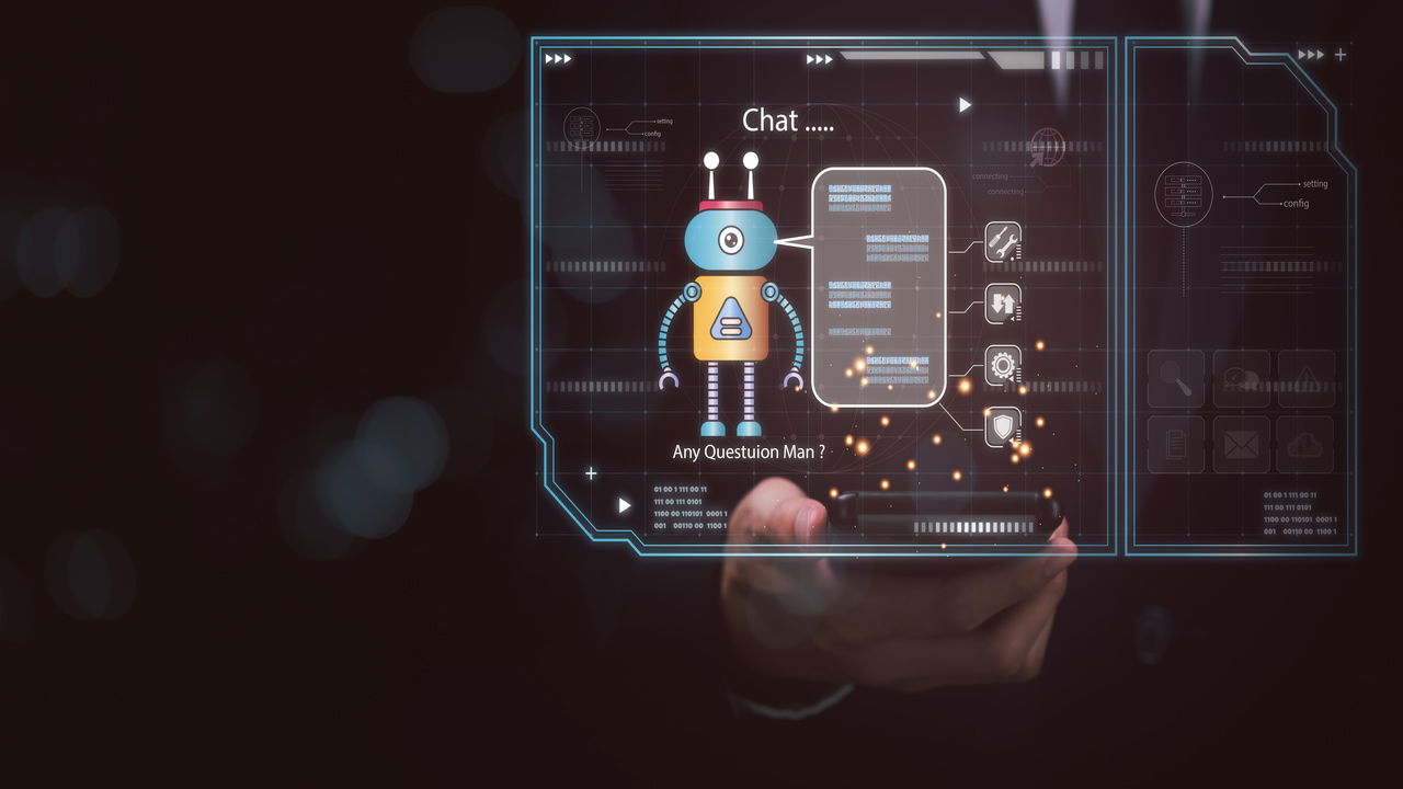 phone in hand with hologram of a bot chatting