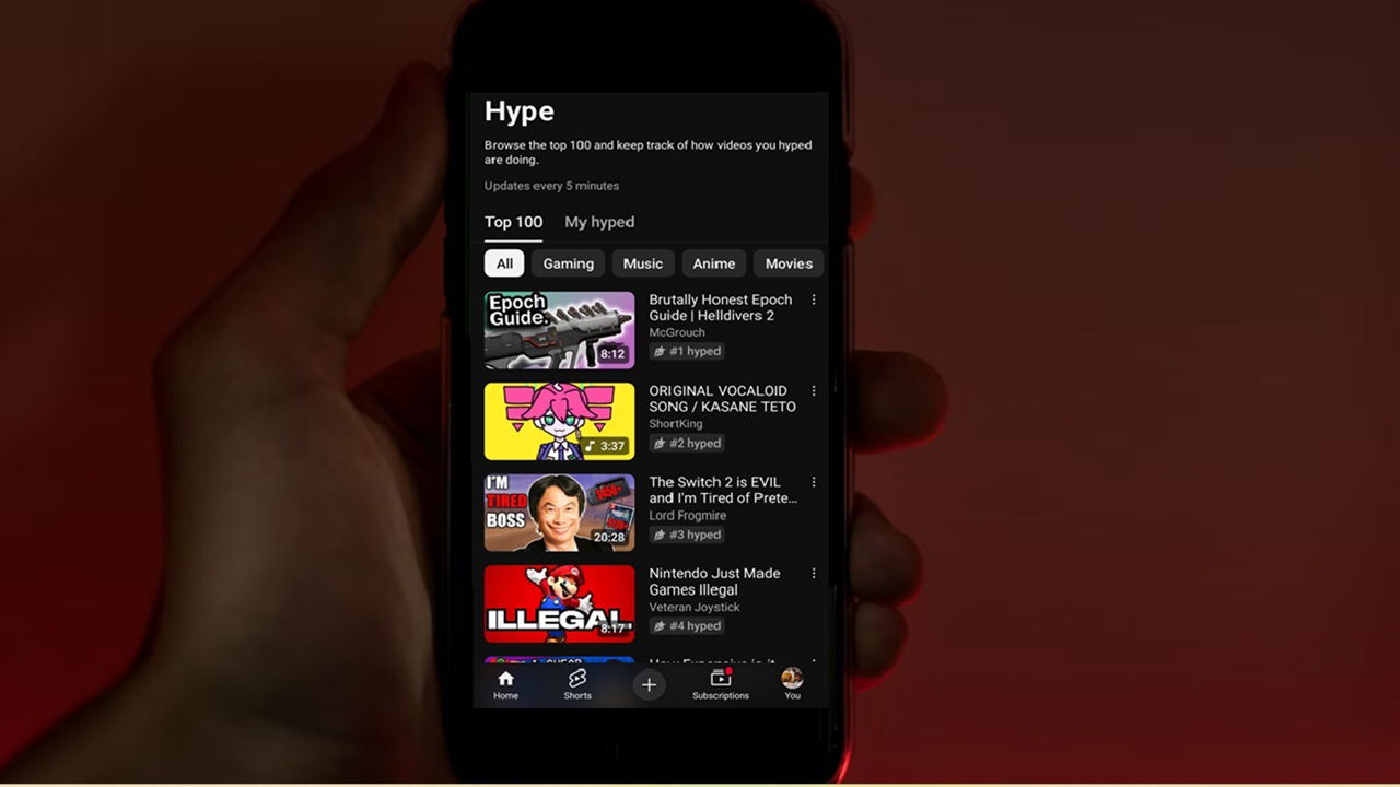 Smartphone with Hype on YouTube leaderboard.