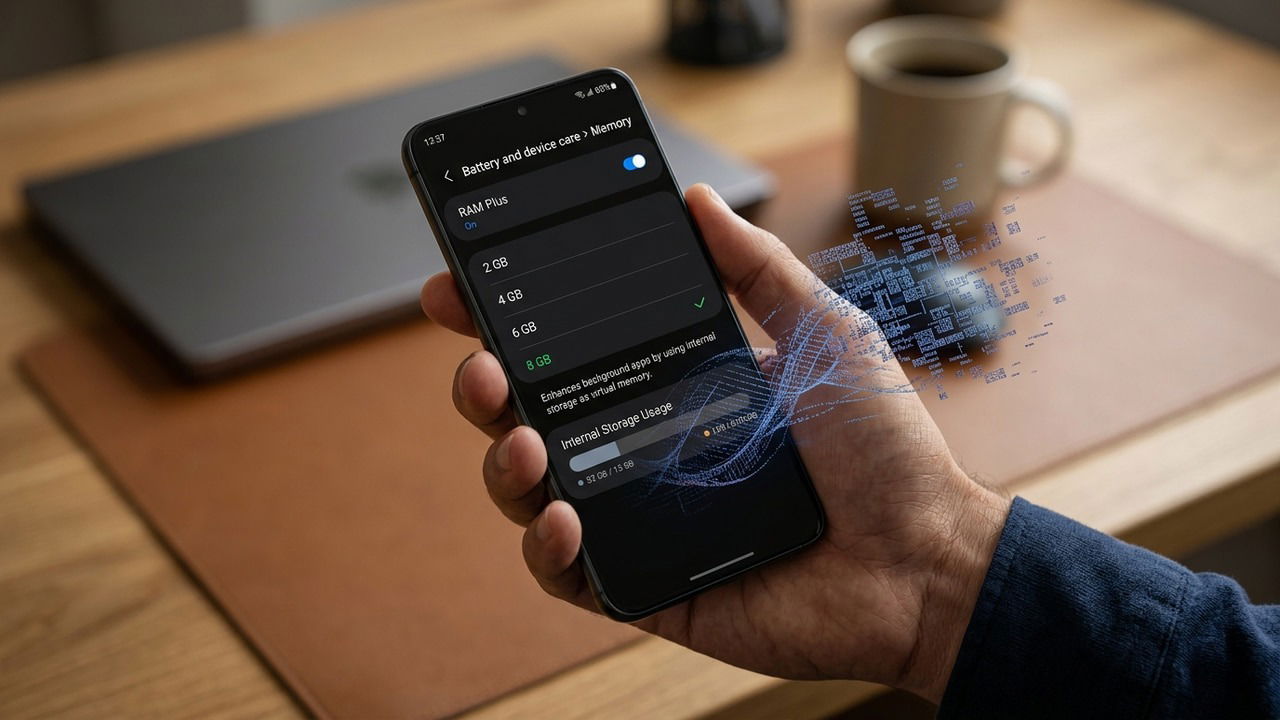 Android phone in hand with RAM Plus settings showing