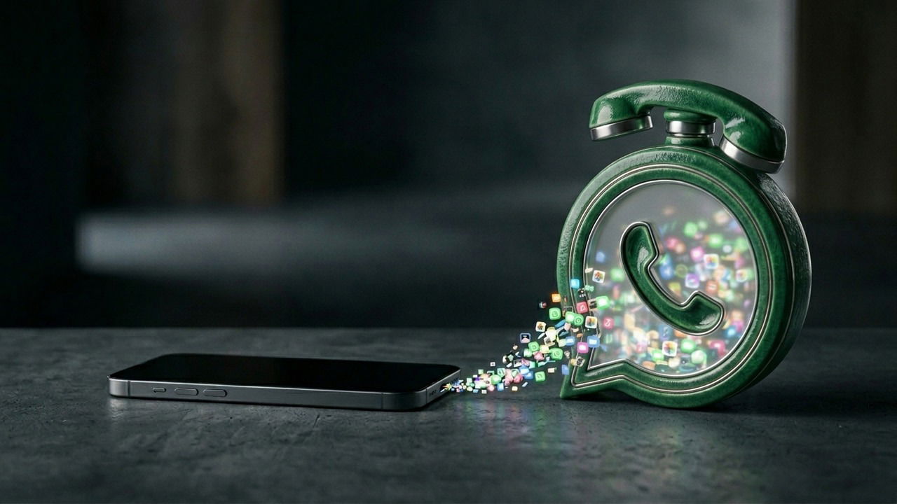 phone with a WhatsApp icon with content flowing from icon into the phone