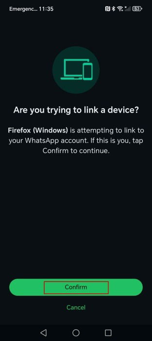 Pressing "Confirm" button to link Android phone with WhatsApp Web via phone number. 