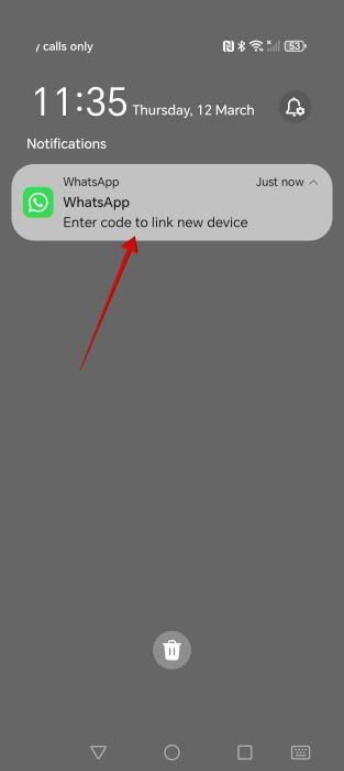 Viewing notification to enter code in WhatsApp on Android. 