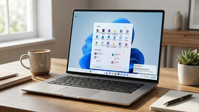 A laptop on a table with Windows 11 Start menu filled with extra apps