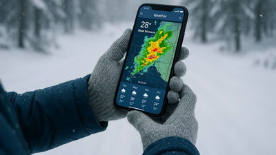 Person checking the radar on their phone while out in a winter storm.