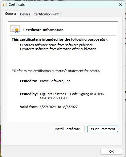 Example of a valid EV certificate in Windows, using Brave as the example.
