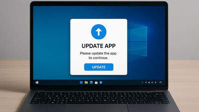 Windows laptop with a message to update an app.