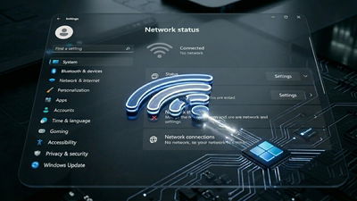 Windows 11 network settings as background with broken Wi-Fi icon in front
