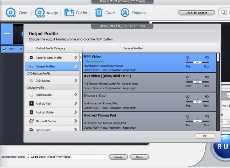 Choosing output profile.