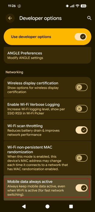 Toggling off "Mobile data always active" option in Developer options on Pixel phone.