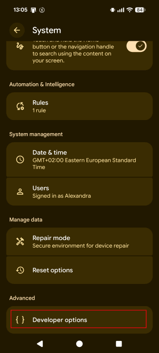 View of "Developer options" menu in Android Settings.