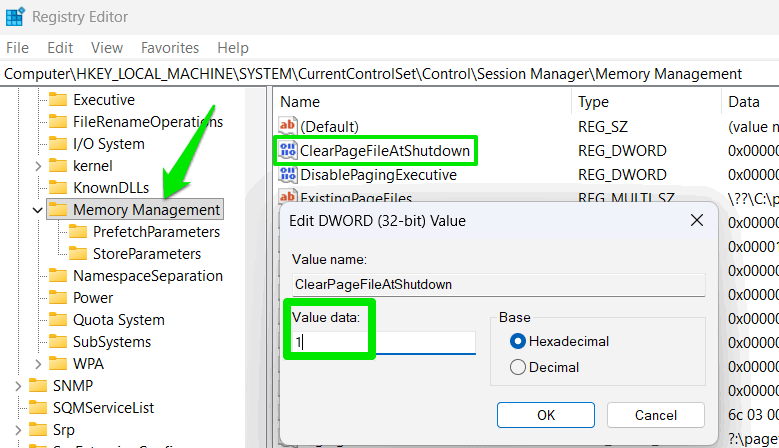 Editing the Registry to clear pagefile