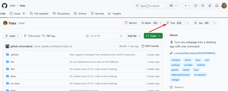 Click Fork On Pake Github Page