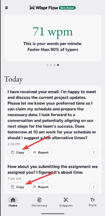 Copy Dictation Manually In Wispr Flow