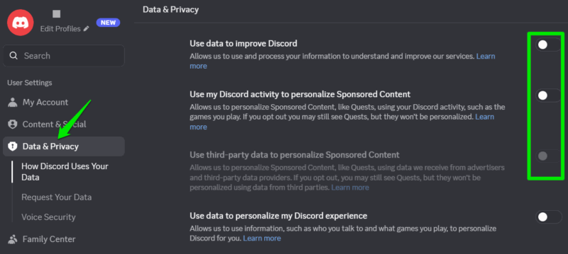 Disabing Discord data collection features