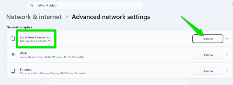 Disabling Network Adaptor in Windows