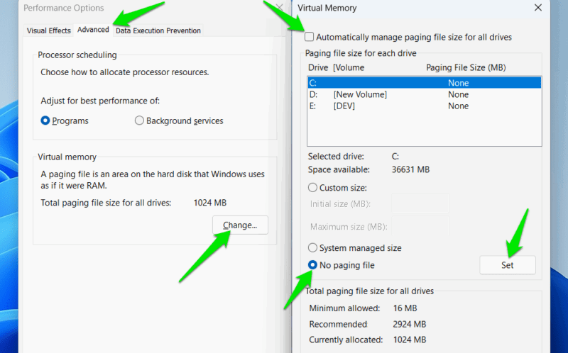 Disabling Pagefile in Windows