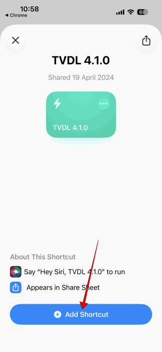 Tapping on "Add Shortcut" button to add shortcut to Shortcuts app. 
