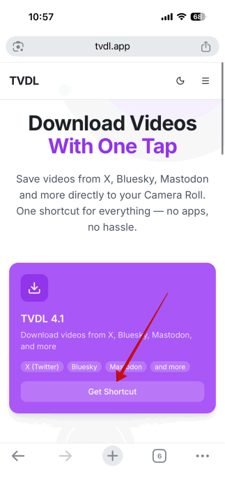 Tapping on "Get Shortcut" option on TVDL page. 