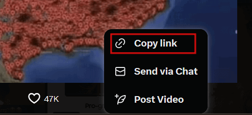 Clicking "Copy link" option for video in X web client. 