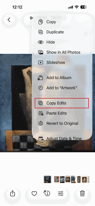 Tapping "Copy Edits" option for edited photo on iPhone.