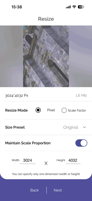 Using the "Resize" option in eZy Edit app on iPhone.
