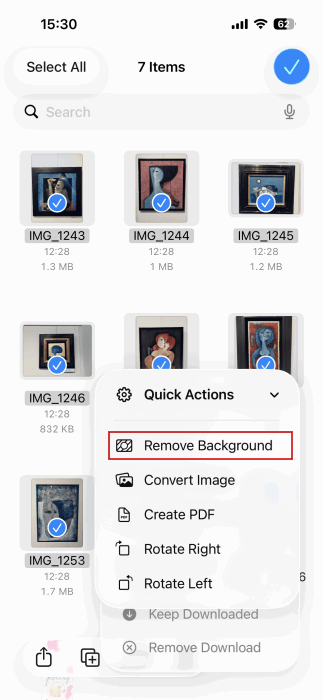 Tapping on "Remove Background" option to bulk edit photos on iPhone.