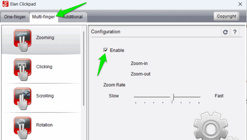Elan list of multi-gestures and their settings