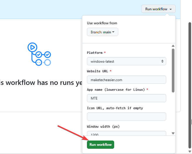 Fill Form And Click Run Workflow To Turn Website To Desktop App