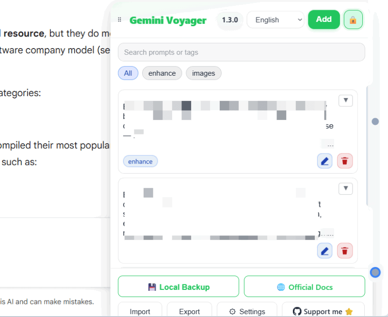 Gemini Voyager Prompt Manager interface
