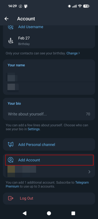 Adding a secondary account in the Telegram mobile app. 