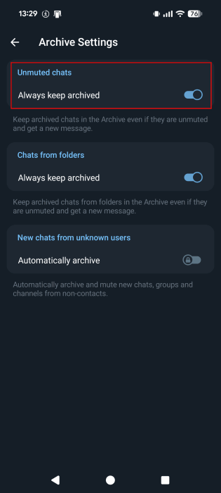 Toggling on "Always keep archived" option in Telegram app archive. 