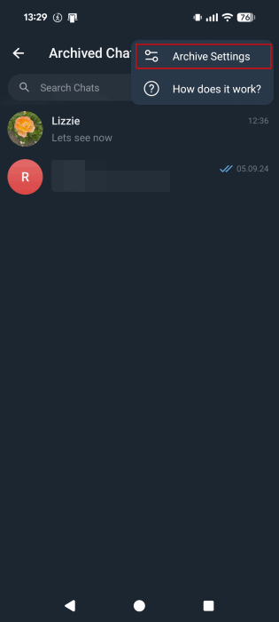 Tapping on "Archive Settings" option in Telegram app archive. 
