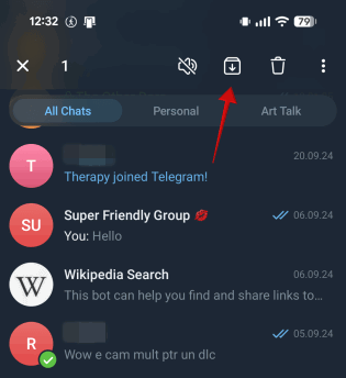Tapping on "Archive" button in Telegram app on Android.