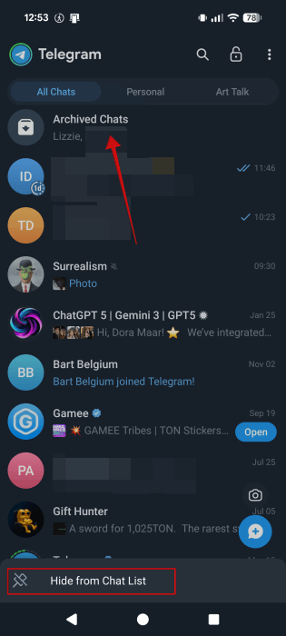 Selecting "Hide from Chat List" option for Archived Chats folder in Telegram app on Android. 