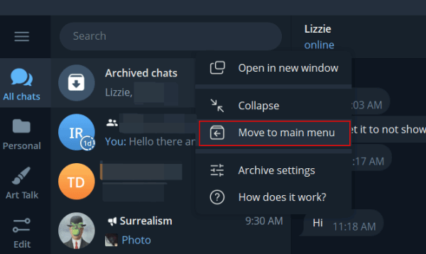 Selecting "Move to main menu" option for "Archived chats" folder in desktop Telegram app. 