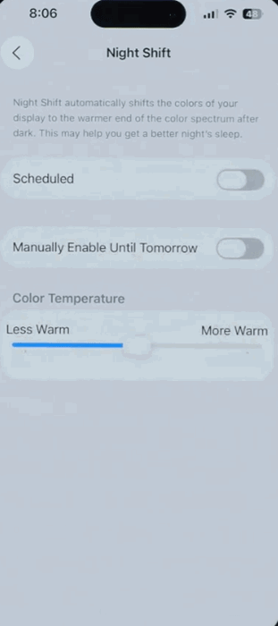 Turning on Night Shift on iOS.