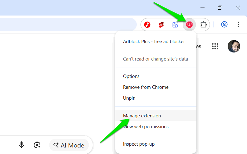 Manage Extension option in Chrome