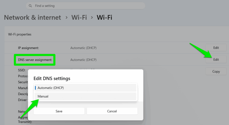 Selecting manual DNS in Settings