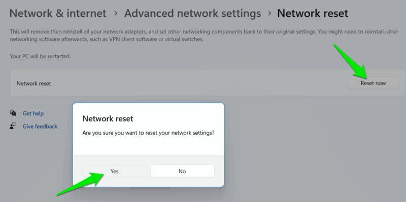 Network Reset setting Windows