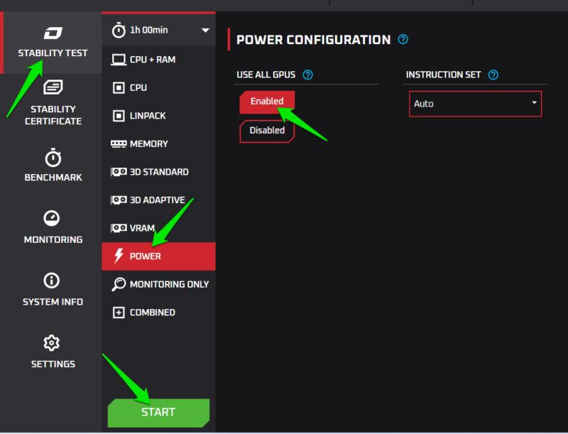 Power test option in OCCT