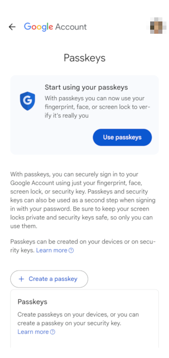 A screenshot of Google's Passkey support screen in Android 13.