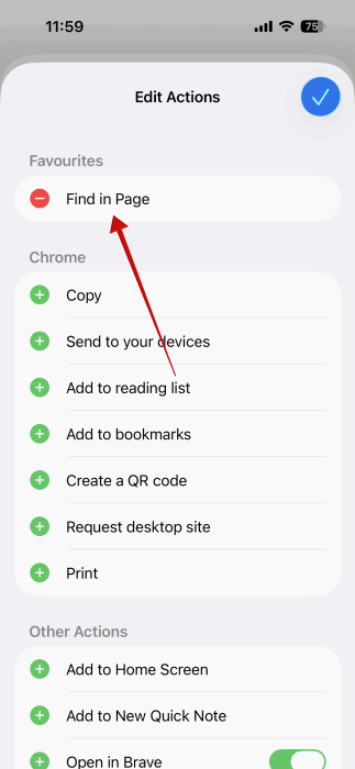 Adding "Find in Page" to Favorites actions in Chrome browser on iPhone.