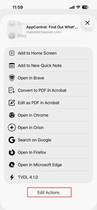 Selecting "Edit Actions" in Chrome menu on iPhone.