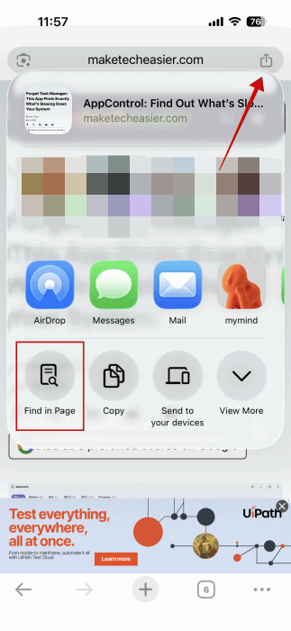 Accessing "Find in Page" via Share menu in Chrome on iPhone.