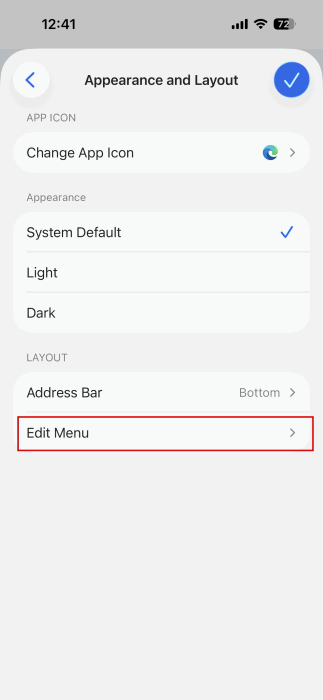Selecting "Edit Menu" option in Edge browser on iPhone.