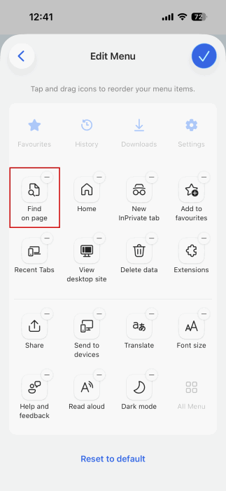 Moving "Find on Page" option to top of Edge menu on iPhone.