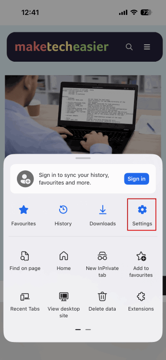 Accessing Settings in Edge browser on iPhone.
