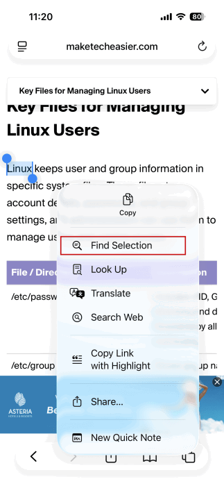 Tapping on "Find Selection" option in context menu for selected word on webpage on iPhone.