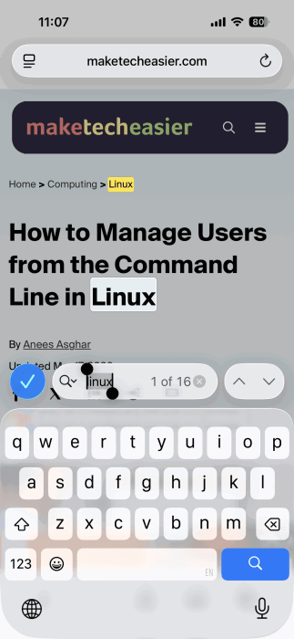 Finding term in webpage opened with Safari on iPhone.