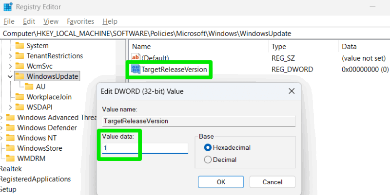 Target Release Registry key